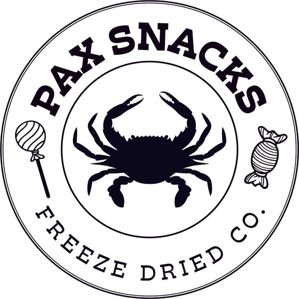 PAX Snacks Freeze Dried Co. Logo with maryland crab, lollipop, candy, freeze dried, freeze dry